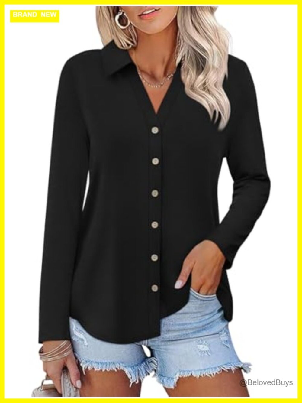 Womens Long Sleeve Button Down Tunic Shirt V-Neck Cotton Blend Casual Top